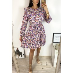 Rochie dama ieftina mov midi cu pliuri si volanase si imprimeu multifloral