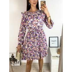 Rochie dama ieftina mov midi cu pliuri si volanase si imprimeu multifloral