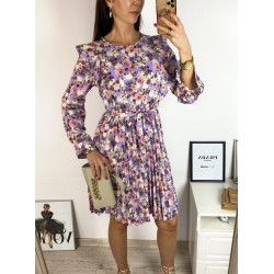 Rochie dama ieftina mov midi cu pliuri si volanase si imprimeu multifloral