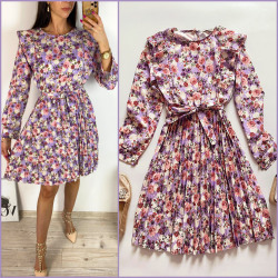 Rochie dama ieftina mov midi cu pliuri si volanase si imprimeu multifloral