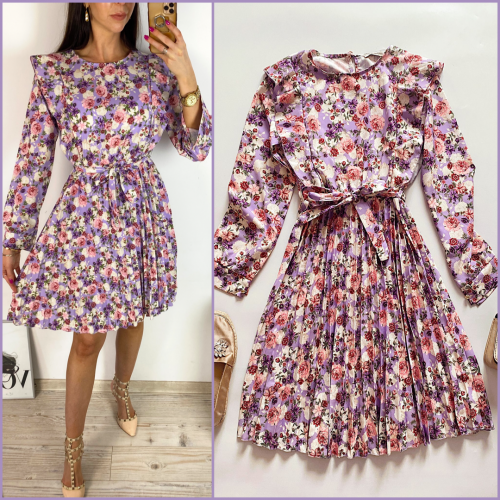Rochie dama ieftina mov midi cu pliuri si volanase si imprimeu multifloral