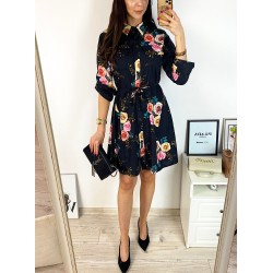 Rochie de zi ieftina neagra cu imprimeu buchet trandafiri
