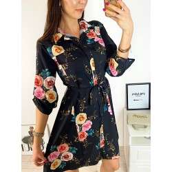 Rochie de zi ieftina neagra cu imprimeu buchet trandafiri