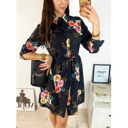 Rochie de zi ieftina neagra cu imprimeu buchet trandafiri