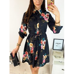 Rochie de zi ieftina neagra cu imprimeu buchet trandafiri