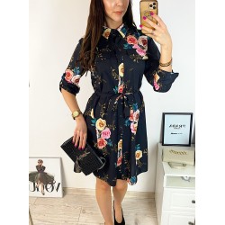 Rochie de zi ieftina neagra cu imprimeu buchet trandafiri