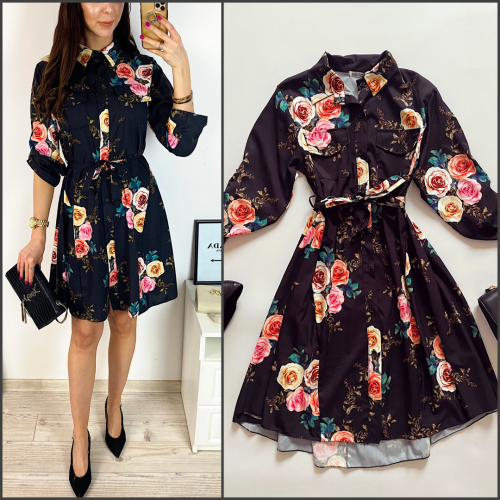 Rochie de zi ieftina neagra cu imprimeu buchet trandafiri