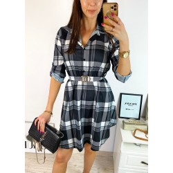 Rochie de zi ieftina neagra cu imprimeu carouri si accesoriu in talie
