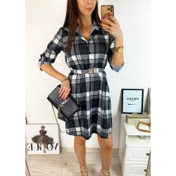 Rochie de zi ieftina neagra cu imprimeu carouri si accesoriu in talie