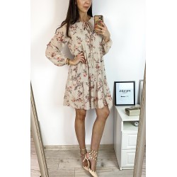Rochie eleganta scurta crem cu volanase, maneci lungi si flori mici