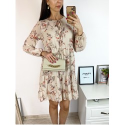 Rochie eleganta scurta crem cu volanase, maneci lungi si flori mici