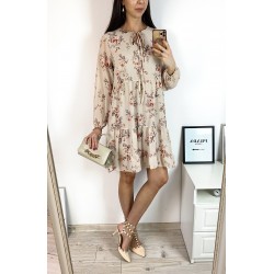 Rochie eleganta scurta crem cu volanase, maneci lungi si flori mici