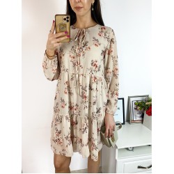 Rochie eleganta scurta crem cu volanase, maneci lungi si flori mici