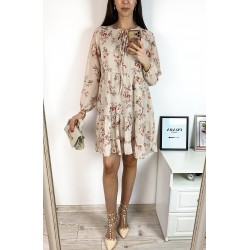 Rochie eleganta scurta crem cu volanase, maneci lungi si flori mici