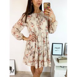Rochie eleganta scurta crem cu volanase, maneci lungi si flori mici