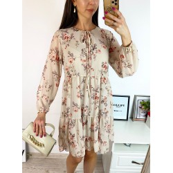 Rochie eleganta scurta crem cu volanase, maneci lungi si flori mici