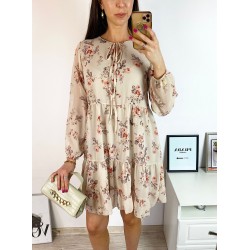Rochie eleganta scurta crem cu volanase, maneci lungi si flori mici
