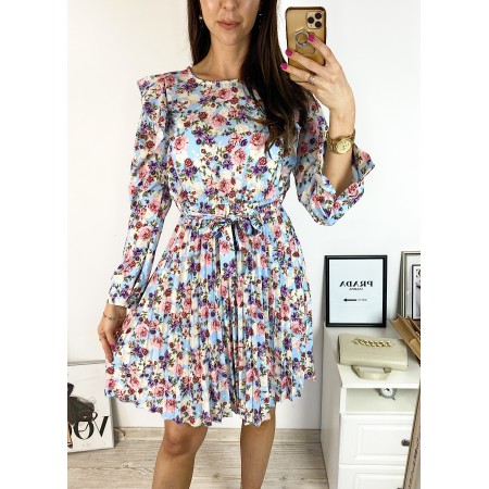 Rochie dama ieftina albastra midi cu pliuri si volanase si imprimeu multifloral