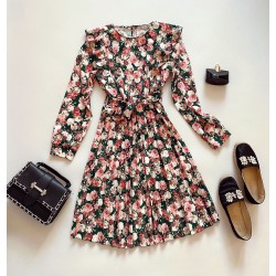 Rochie dama ieftina verde cu pliuri si volanase si imprimeu multifloral