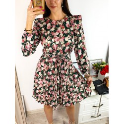 Rochie dama ieftina verde cu pliuri si volanase si imprimeu multifloral