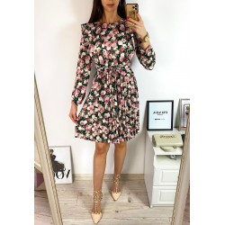 Rochie dama ieftina verde cu pliuri si volanase si imprimeu multifloral