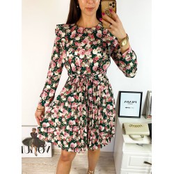 Rochie dama ieftina verde cu pliuri si volanase si imprimeu multifloral