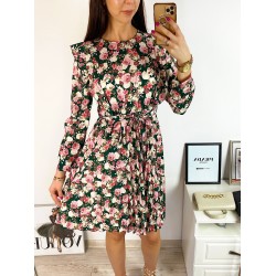 Rochie dama ieftina verde cu pliuri si volanase si imprimeu multifloral