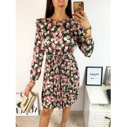 Rochie dama ieftina verde cu pliuri si volanase si imprimeu multifloral