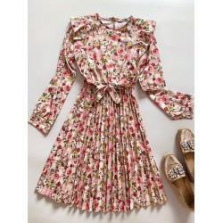 Rochie dama ieftina crem midi cu pliuri si volanase si imprimeu multifloral