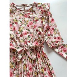 Rochie dama ieftina crem midi cu pliuri si volanase si imprimeu multifloral