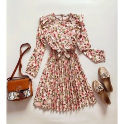 Rochie dama ieftina crem midi cu pliuri si volanase si imprimeu multifloral