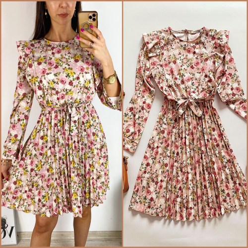 Rochie dama ieftina crem midi cu pliuri si volanase si imprimeu multifloral