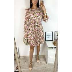 Rochie dama ieftina crem midi cu pliuri si volanase si imprimeu multifloral