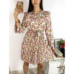 Rochie dama ieftina crem midi cu pliuri si volanase si imprimeu multifloral