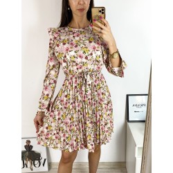 Rochie dama ieftina crem midi cu pliuri si volanase si imprimeu multifloral