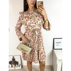 Rochie dama ieftina crem midi cu pliuri si volanase si imprimeu multifloral