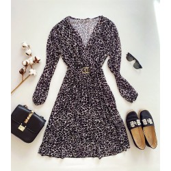 Rochie midi casual gri cu imprimeu animal print si maneci lungi