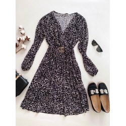 Rochie midi casual gri cu imprimeu animal print si maneci lungi