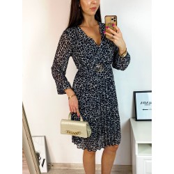 Rochie midi casual gri cu imprimeu animal print si maneci lungi