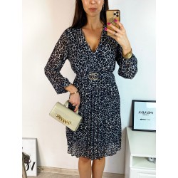 Rochie midi casual gri cu imprimeu animal print si maneci lungi