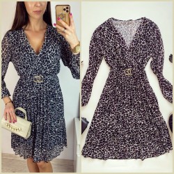 Rochie midi casual gri cu imprimeu animal print si maneci lungi