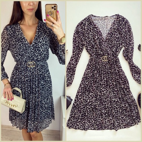 Rochie midi casual gri cu imprimeu animal print si maneci lungi