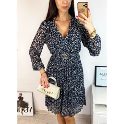 Rochie midi casual gri cu imprimeu animal print si maneci lungi