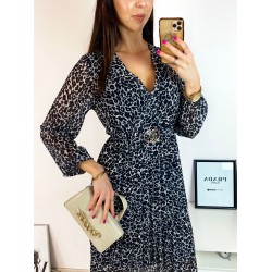 Rochie midi casual gri cu imprimeu animal print si maneci lungi