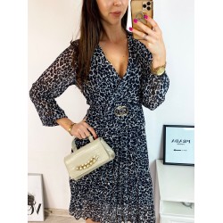 Rochie midi casual gri cu imprimeu animal print si maneci lungi