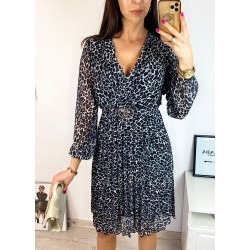 Rochie midi casual gri cu imprimeu animal print si maneci lungi