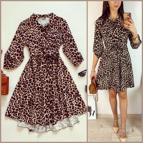 Rochie de zi ieftina maro cu imprimeu animal print