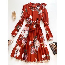 Rochie dama ieftina caramizie de zi midi cu pliuri si imprimeu flori roz cu guler chic