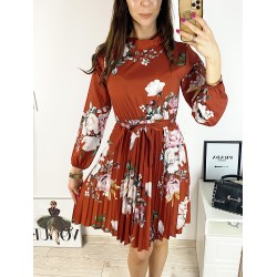 Rochie dama ieftina caramizie de zi midi cu pliuri si imprimeu flori roz cu guler chic