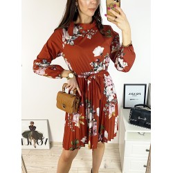 Rochie dama ieftina caramizie de zi midi cu pliuri si imprimeu flori roz cu guler chic